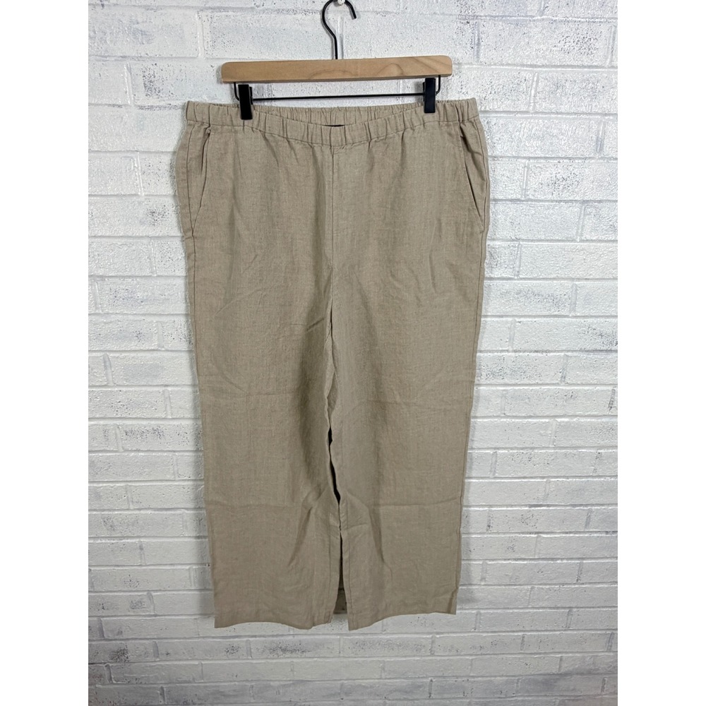 Eileen Fisher Organic Linen Crop Pants Womens L Beige Wide Leg Elastic Waist
